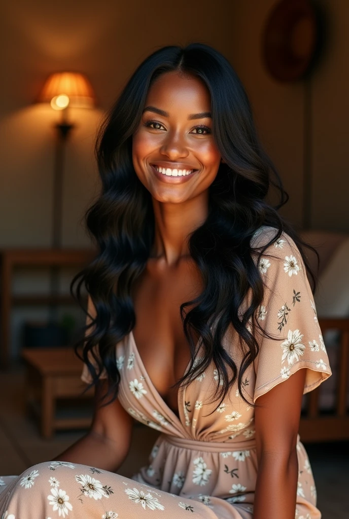 Black woman. Brown skin. Long flowing black hair. Flower styled dress. Smiling. Sitting in a village styled home. Ultra high quality