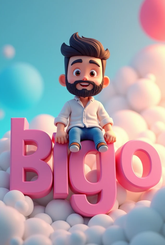 A cute  with a handsome beard and stubble is sitting on the Bigo application logo., casually on top of the logo, the character must wear a white shirt named wawan fhgh, and the background uses his own bigo application profile named wawan fhgh, and the profile picture must be 3D