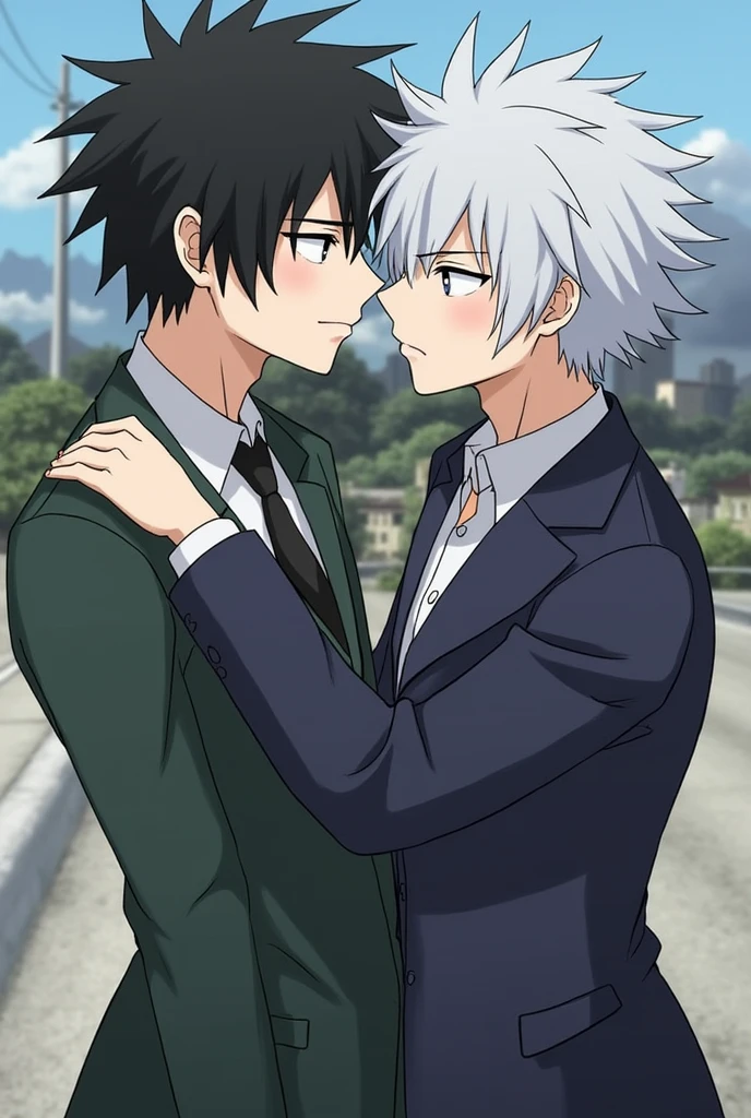 atsushi and akutagawa from bungo stray dogs playfully kissing. Draw them as they are depicted visually in the Bungo Stray Dogs anime.