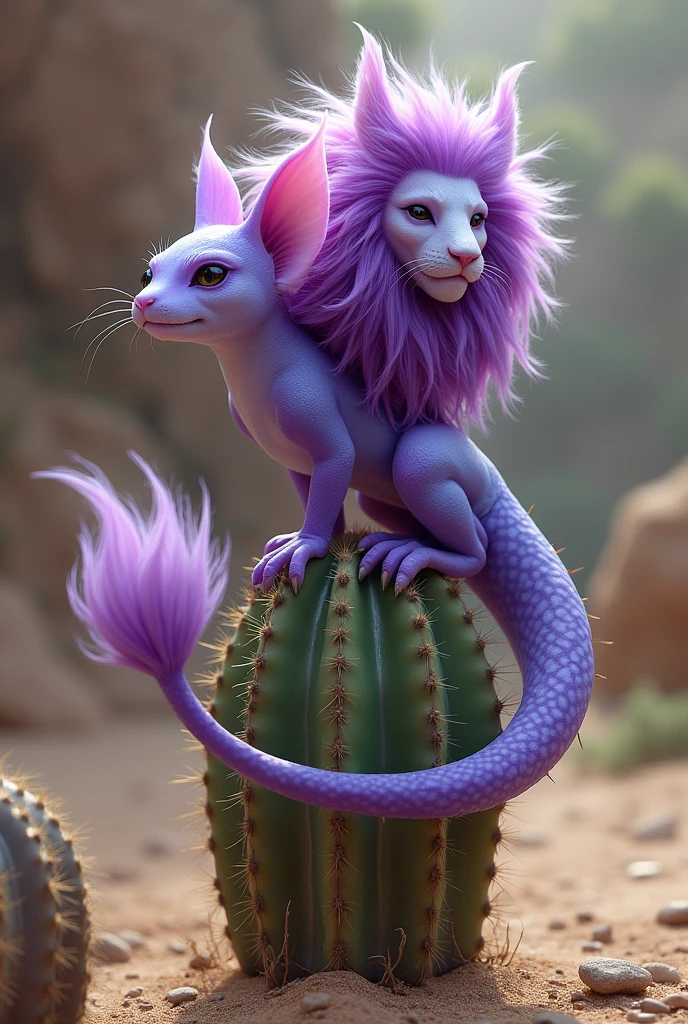 Create a hybrid, where the body is a purple axolotl, The head will be that of an axolotl where behind the antennae of the axolotl it will have a lion's mane and the tail of the axolotl will simulate the tail of a fox., The hybrid will be standing on top of a cactus