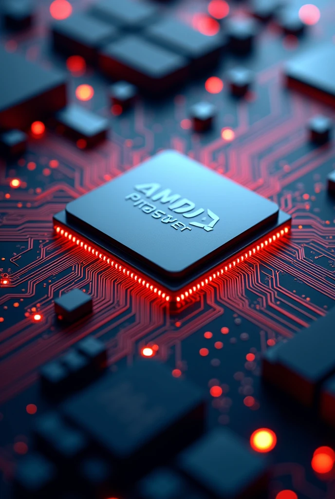 Create a magnificent 4k image from AMD processors, , background on the motherboard ,applied to the sides