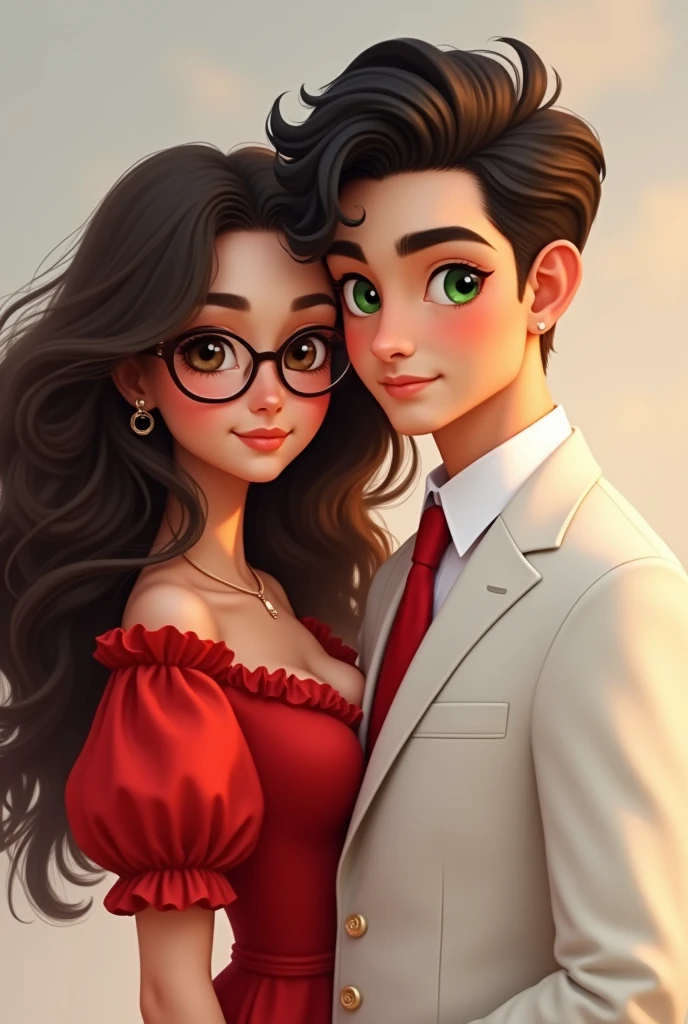 um casal, she has long brown curly hair and dark brown eyes, and wears glasses she wears a red dress with puffed sleeves and he wears a white suit with a red tie, he has very sparkling green eyes and he has black hair. they're young.