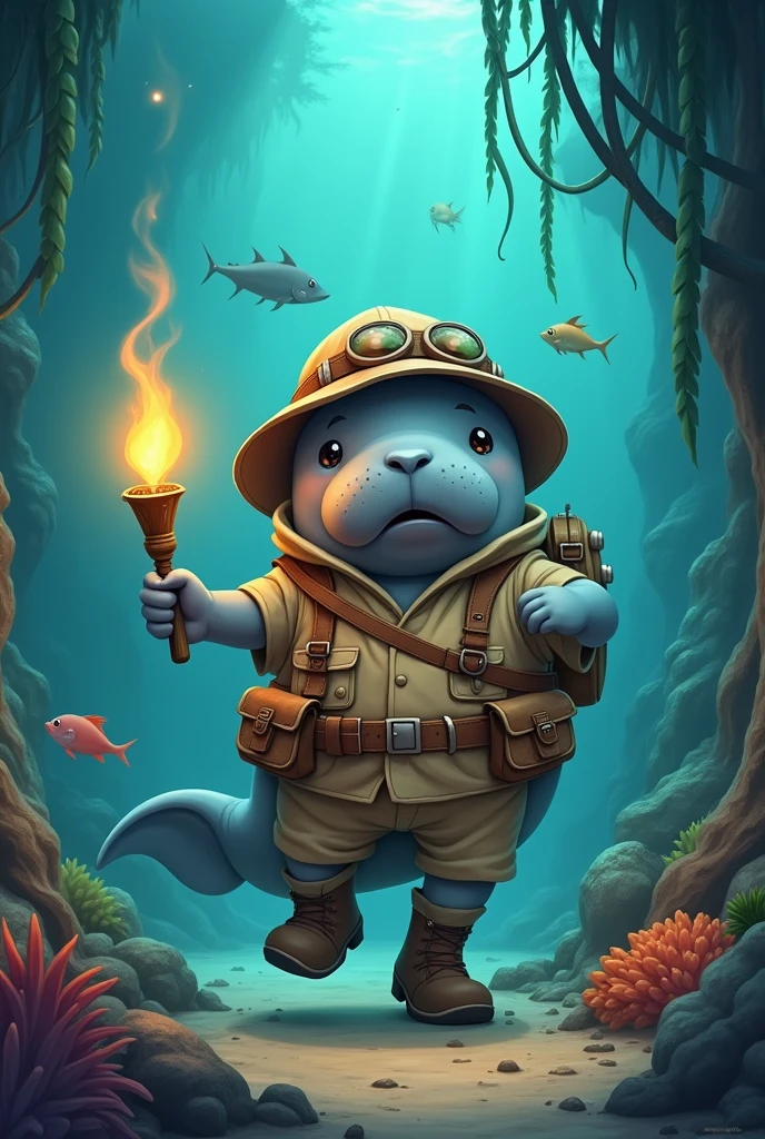 A 2D manatee in an explorer&#39;s outfit with a torch in his hand 