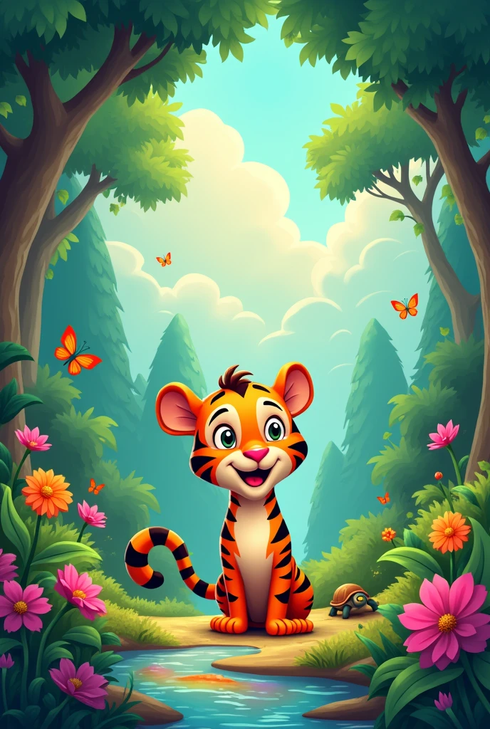 bottom: A colorful jungle landscape. The background should show green trees, Bright plants and flowers in various colors. in the sky, There may be some soft clouds and a friendly sun shining.
Main character: Tito the Tiger, a small and cheerful tiger with orange and black stripes. Tito must have a curious and excited expression, with a wide smile. He is standing in the center of the image, ready to start your adventure.
Additional Elements:
Flower Trail: A path of colorful flowers extends into the background, suggesting the route that Tito will follow.
Shining River: In the bottom right, You can see a small part of the shining river that Tito will find on his adventure, with rainbow colored reflections.
Fun Details: A smiling turtle on the trail (to give a sneak peek into the story) and maybe some butterflies around to add a cheerful touch.
Text: Title "Tito's Journey" in large, friendly letters at the top or bottom of the cover. You can use bright colors and a font that is easy to read and eye-catching for children..