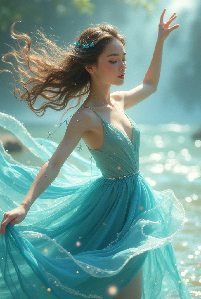 A girl dancing in a sea-related outfit, that dances with movements as soft as the sea