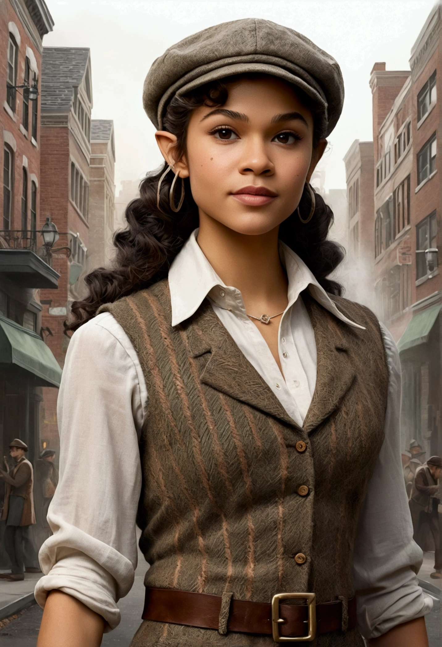 An illustrated movie poster, hand-drawn, full color, an elven maiden, wearing a tweed vest and a newsie cap, athletic hourglass figure, long pointy elf ears, dark hair, curly bob cut, warm almond skintone, freckles, resembles Zendaya, standing on a foggy victorian-era street corner, graphite shading, stencil marks, airbrushed acrylic paint, masterpiece, elf ears