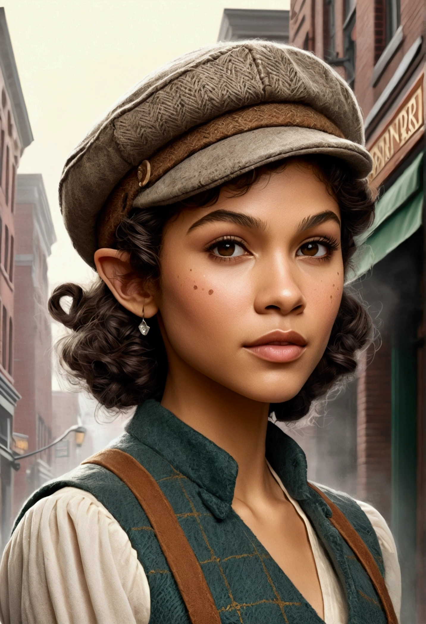 An illustrated movie poster, hand-drawn, full color, an elven maiden, wearing a tweed vest and a newsie cap, athletic hourglass figure, long pointy elf ears, dark hair, curly bob cut, warm almond skintone, freckles, resembles Zendaya, standing on a foggy victorian-era street corner, graphite shading, stencil marks, airbrushed acrylic paint, masterpiece, elf ears