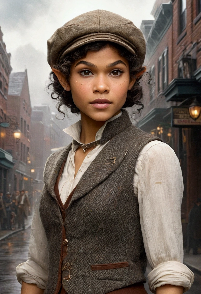 An illustrated movie poster, hand-drawn, full color, an elven maiden, wearing a tweed vest and a newsie cap, athletic hourglass figure, long pointy elf ears, dark hair, curly bob cut, warm almond skintone, freckles, resembles Zendaya, standing on a foggy victorian-era street corner, graphite shading, stencil marks, airbrushed acrylic paint, masterpiece, elf ears