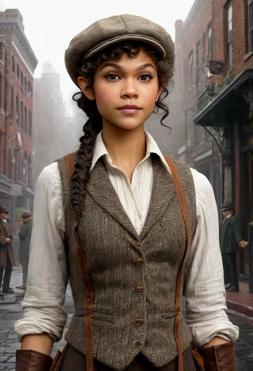 An illustrated movie poster, hand-drawn, full color, a teenage elven girl, wearing a tweed vest and a newsie cap, athletic hourglass figure, long pointy elf ears, dark hair, curly bob cut, warm almond skintone, freckles, resembles Zendaya, standing on a foggy victorian-era street corner, graphite shading, stencil marks, airbrushed acrylic paint, masterpiece, in the style of the Sherlock Holmes, elf ears