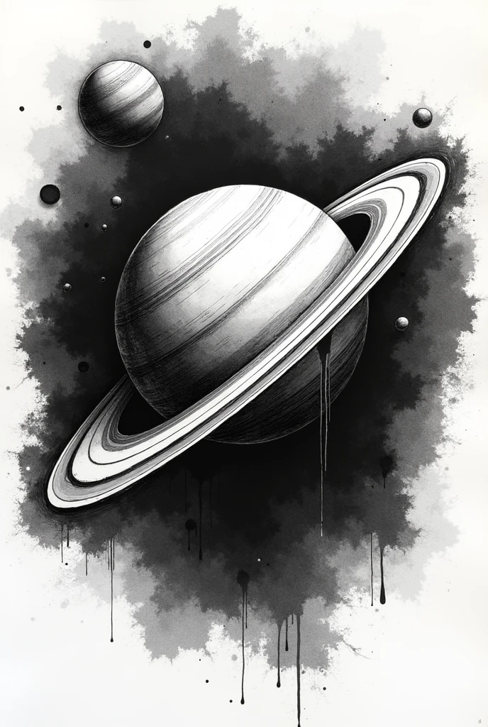 Planet Saturn in black and white ink drawing style