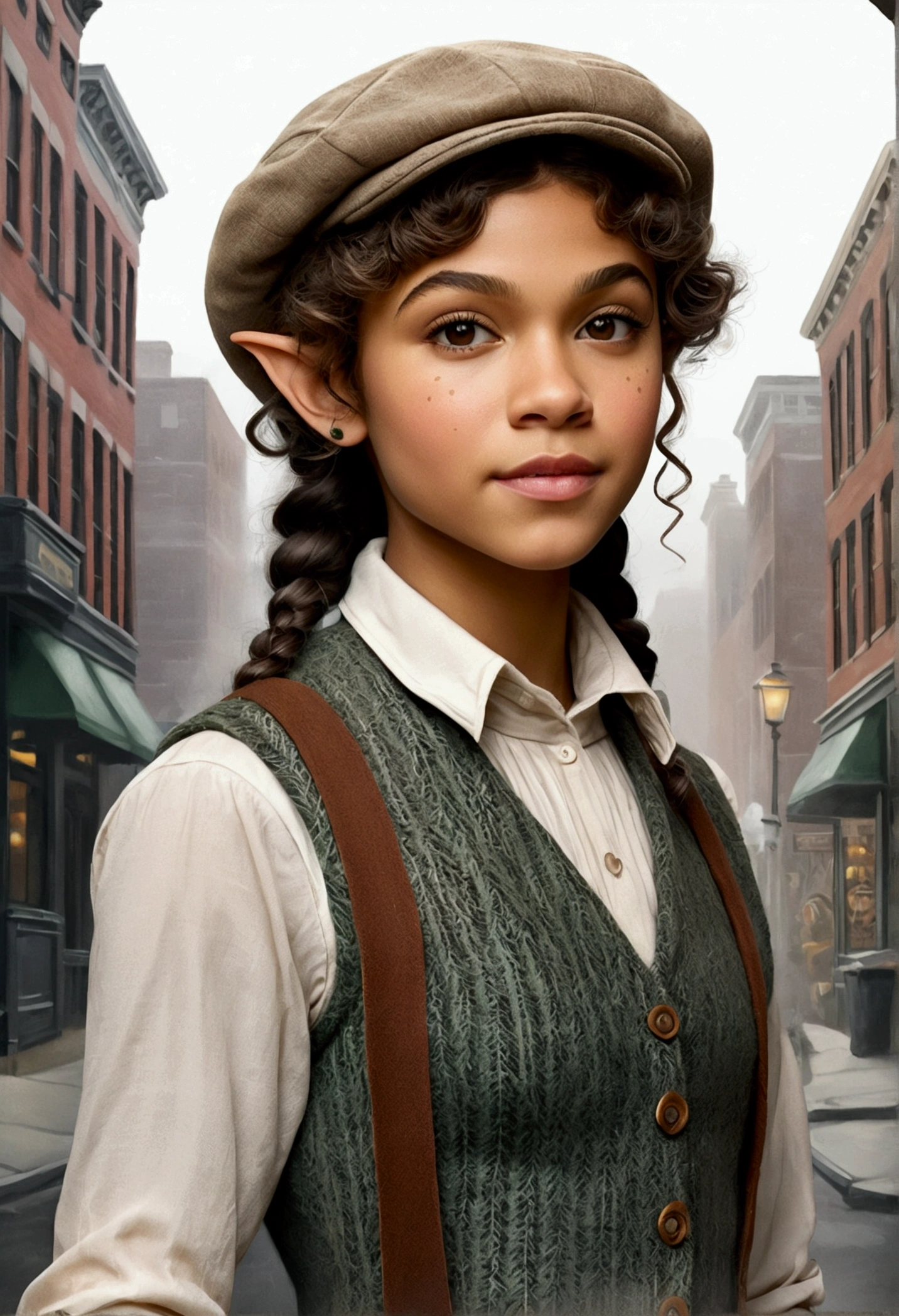 An illustrated movie poster, hand-drawn, full color, a age elven girl, wearing a tweed vest and a newsie cap, athletic hourglass figure, long pointy elf ears, dark hair, curly bob cut, warm almond skintone, freckles, resembles Zendaya, standing on a foggy victorian-era street corner, graphite shading, stencil marks, airbrushed acrylic paint, masterpiece, elf ears