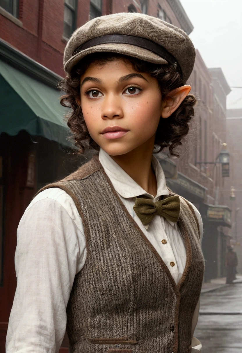 An illustrated movie poster, hand-drawn, full color, a teenage elven girl, wearing a tweed vest and a newsie cap, athletic hourglass figure, long pointy elf ears, dark hair, curly bob cut, warm almond skintone, freckles, resembles Zendaya, standing on a foggy victorian-era street corner, graphite shading, stencil marks, airbrushed acrylic paint, masterpiece, in the style of the Sherlock Holmes, elf ears