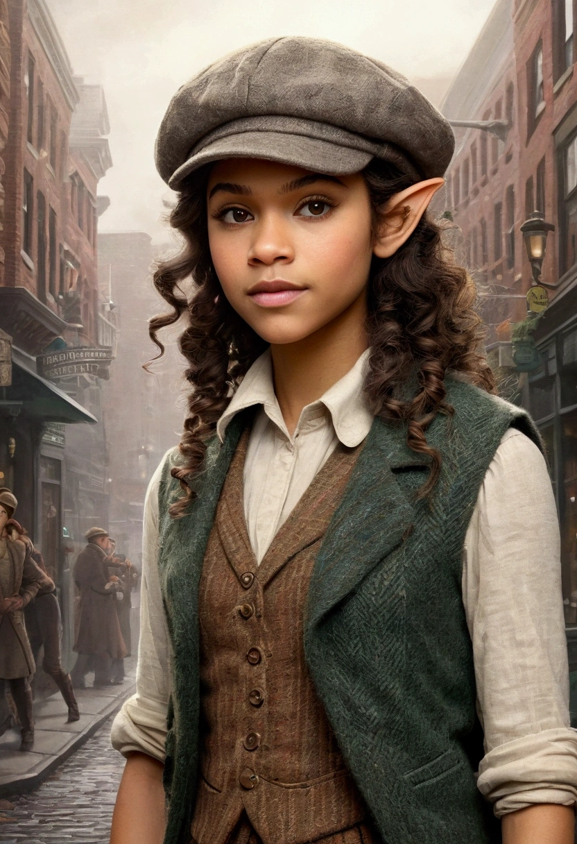 An illustrated movie poster, hand-drawn, full color, a teenage elven girl, wearing a tweed vest and a newsie cap, athletic hourglass figure, long pointy elf ears, dark hair, curly bob cut, warm almond skintone, freckles, resembles Zendaya, standing on a foggy victorian-era street corner, graphite shading, stencil marks, airbrushed acrylic paint, masterpiece, elf ears
