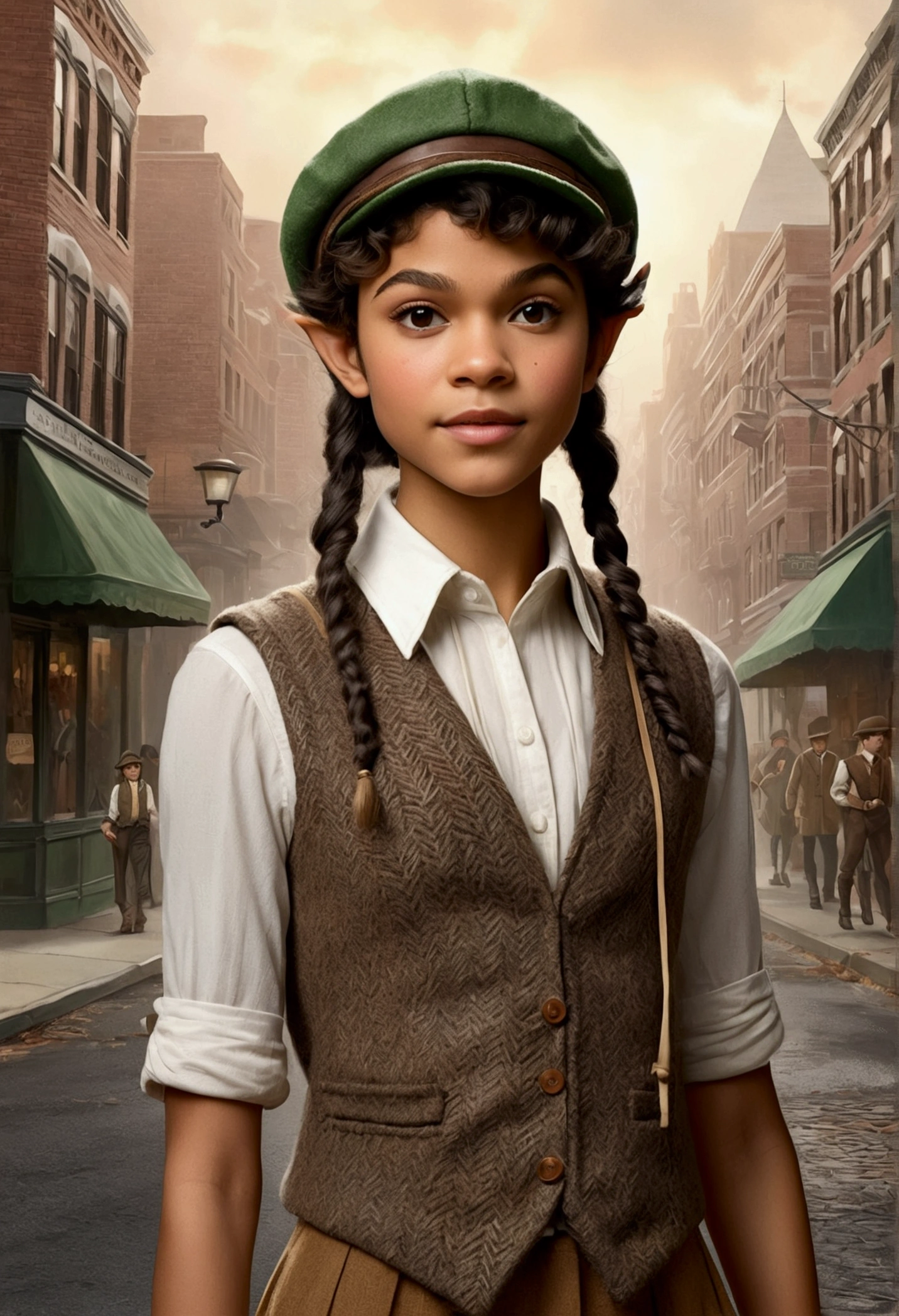 An illustrated movie poster, hand-drawn, full color, a age elven girl, wearing a tweed vest and a newsie cap, athletic hourglass figure, long pointy elf ears, dark hair, curly bob cut, warm almond skintone, freckles, resembles Zendaya, standing on a foggy victorian-era street corner, graphite shading, stencil marks, airbrushed acrylic paint, masterpiece, elf ears