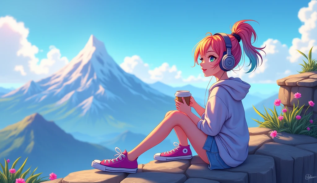 An e-girl with tied-up colorful hair and rainbow-like eyes, listening to calm music on headphones, with a sexy smile, holding a cup of coffee, wearing allstar, at the top of a mountain. An image that inspires calm, tranquility, lightness, simplicity, and comfort, 16:9, full hd, cartoon