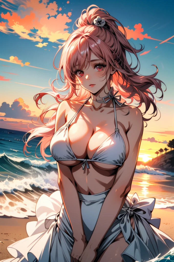 ((ultra detailed, masterpiece, best quality))
 DOA Honoka, 1girl, solo, (wearing a sky color bikini), large breast, pink hair, long hair, On a beach during a vibrant sunset, sundress, playing with the waves