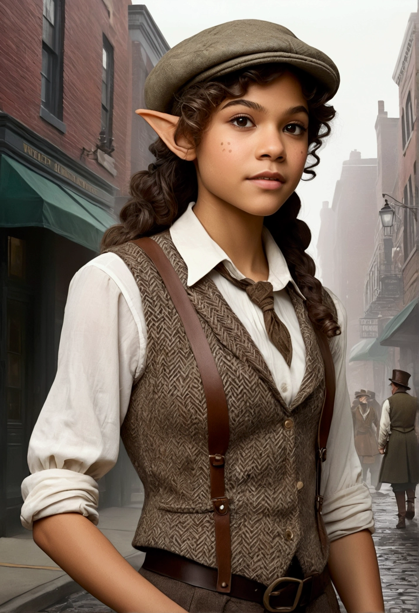 An illustrated movie poster, hand-drawn, full color, a teenage elven girl, wearing a tweed vest and a newsie cap, athletic hourglass figure, long pointy elf ears, dark hair, messy shaggy bob cut, rosy skin, freckles, resembles Margaery Tyrell, standing on a foggy victorian-era street corner, graphite shading, stencil marks, airbrushed acrylic paint, masterpiece, in the style of the Sherlock Holmes, elf ears