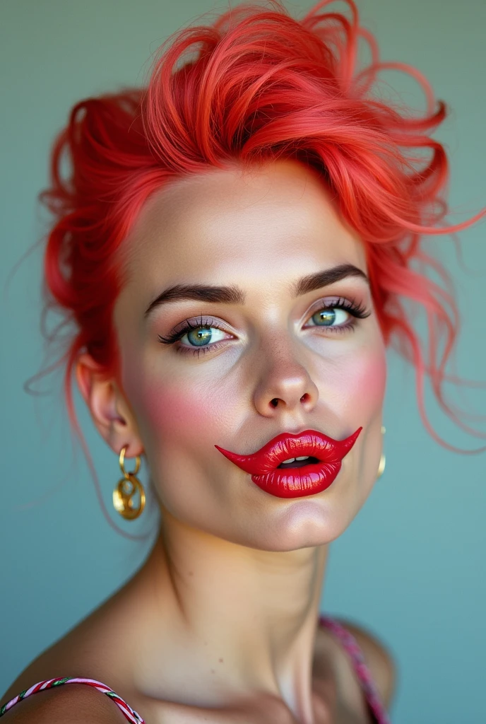 Scarlett Johanssen in a portrait photo with bright hair, make lips in 8, like a lips fish