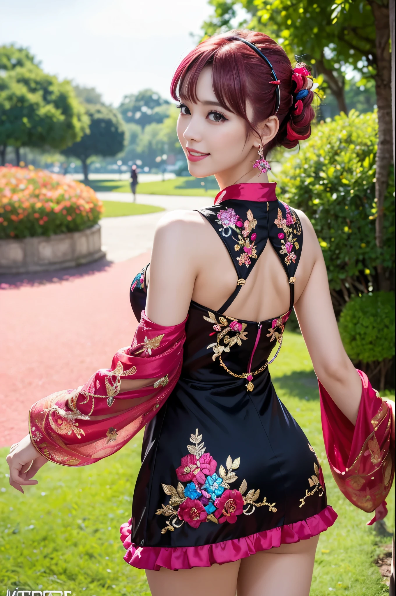 (masterpiece:1.4), (best quality:1.4), ultra high res, ultra high resolution, ((detailed facial features)), HDR, (realistic, photorealistic, photo-realistic:1.37), full body Esbian, sexy Vietnamese model, (-anime), vivid colors, ((vivid colors multicolor (red, pink) very short hair)), (happy smile), lip-gloss, long lashes, ultra detailed metallic makeup, defined eyebrows, wearing large sparkling colorful jewelery, wearing a red silk Paradise Kiss cosplay dress with black floral embroidery, ((vivid colors outfit)), vivid colors, look at the camera, cinematic light, large park background with trees, sweet and sexy pose