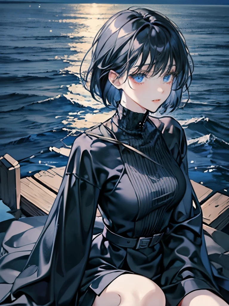 Beautiful young adult woman, short black hair, dark blue eyes, black clothing covered by a navy blue tunic, water magic, ultra detailed, ocean background