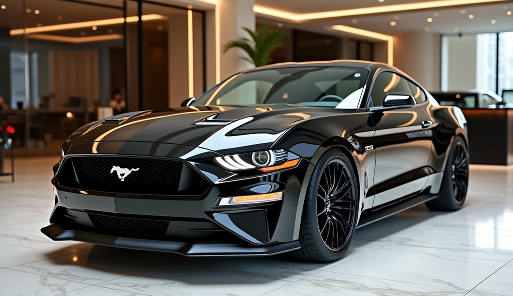 A striking view of the New 2025 Ford Mustang in a sleek black color, parked in a luxurious showroom. The car’s modern design is showcased with its sharp, narrow headlights that give a fierce and aggressive look. The iconic Ford Mustang logo is prominently displayed on the grille, symbolizing power and heritage. The glossy black finish highlights the Mustang’s aerodynamic lines, while the luxurious rims add an extra touch of sophistication and exclusivity. The overall design is sleek and contemporary, with the car exuding a sense of speed and elegance. The showroom itself is opulent, featuring polished marble floors, expansive glass walls, and refined decor, perfectly enhancing the Mustang’s bold and premium appeal.