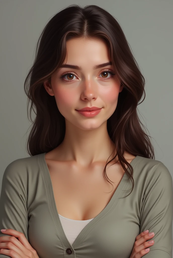 Drawing of a modest woman,smart and ready to help. brunette skin, realisitic