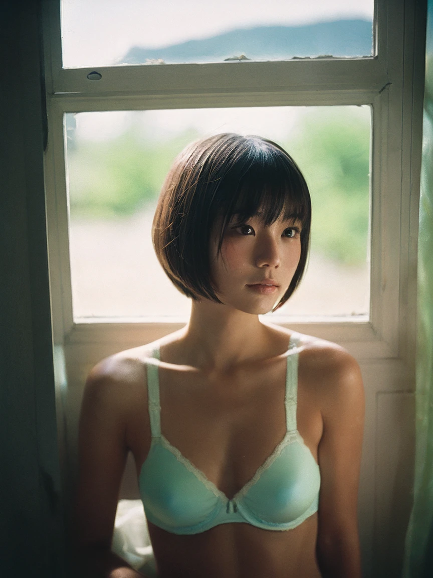 Japanese women, In underwear、Sweaty shiny skin、Young Face, Bob Cut Hair, morning, window, Incomplete details, Shooting with Leica, analog, 35mm:: (Artistic light leakage:1.4), Lens flare::4 - Style Row - AR 2:3 --s 150 --c 4
