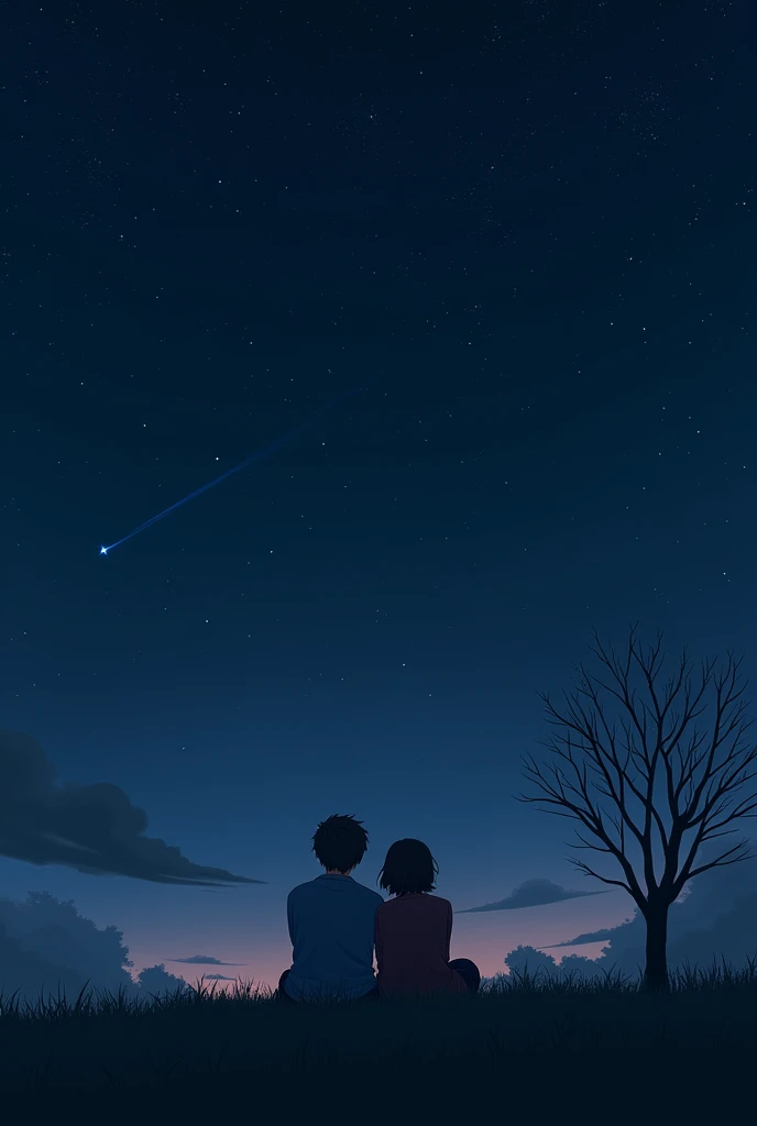 two person men and women sit on the grass while watching the beauty of the darkness of the sky. the color of the sky is black and a lot of starts shines. the place has a leafless tree behind them and then suddenly a shooting star appears from east to west direction