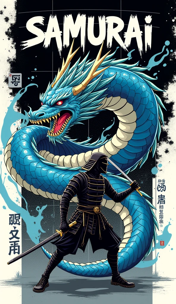 Create a manga/anime-style illustration of a samurai battling an oriental dragon. The samurai, clad in black armor and a helmet with golden horns, wields a katana in a dynamic attack pose. His face shows fierce determination. The dragon, with electric blue scales and a beige underbelly, coils around the warrior. Its eyes glow with fury, and its open maw reveals sharp fangs. Its mane and whiskers flow dramatically. The background features a white grid on black, with scattered Japanese kanji. At the top, "SAMURAI" in stylized white letters with blue accents. Use an urban/graffiti art style with thick outlines and vibrant colors. Incorporate blue splashes and abstract strokes for energy. Add metallic details on the armor and light effects on the dragon's scales. The composition should convey intense action and clashing forces, fusing traditional Japanese elements with modern, urban aesthetics.