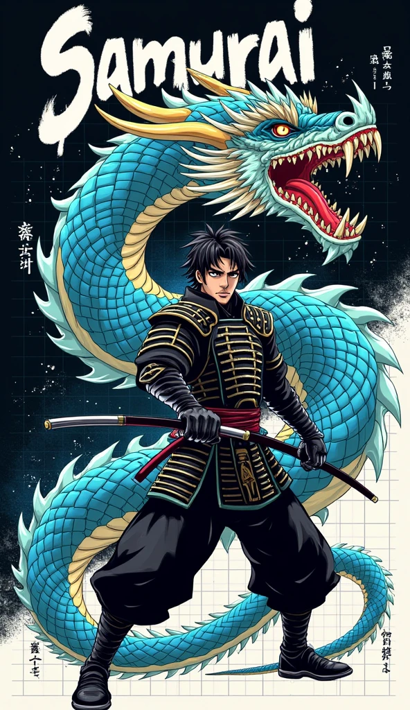 Create a manga/anime-style illustration of a samurai battling an oriental dragon. The samurai, clad in black armor and a helmet with golden horns, wields a katana in a dynamic attack pose. His face shows fierce determination. The dragon, with electric blue scales and a beige underbelly, coils around the warrior. Its eyes glow with fury, and its open maw reveals sharp fangs. Its mane and whiskers flow dramatically. The background features a white grid on black, with scattered Japanese kanji. At the top, "SAMURAI" in stylized white letters with blue accents. Use an urban/graffiti art style with thick outlines and vibrant colors. Incorporate blue splashes and abstract strokes for energy. Add metallic details on the armor and light effects on the dragon's scales. The composition should convey intense action and clashing forces, fusing traditional Japanese elements with modern, urban aesthetics.