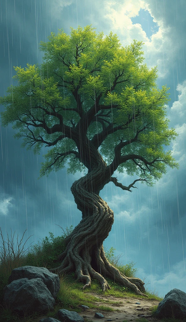A broken tree in a storm, with new green shoots emerging from its branches, symbolizing recovery and growth. The stormy background contrasts with the vibrant new life on the tree."