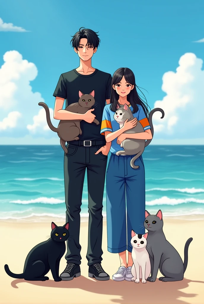 A tall adult man with black hair in the kpop idol style, korean traits, White skin y vestido con jeans negros y una camiseta negra junto a una mujer adulta con korean traits de cabello largo y negro al estilo de una idol de kpop, White skin, dressed in blue trousers and a jersey with blue and orange stripes. Both hugging two black cats, a gray cat and a white cat with black spots in style and background the beach manhwa