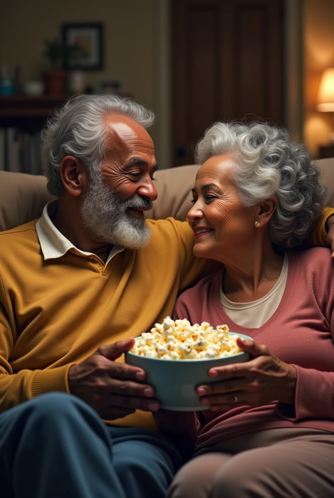 Elderly black couple sitting on couch eating popcorn