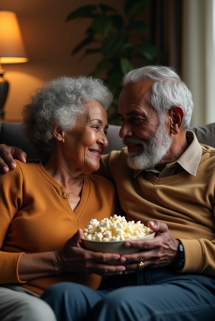 Elderly black couple sitting on couch eating popcorn
