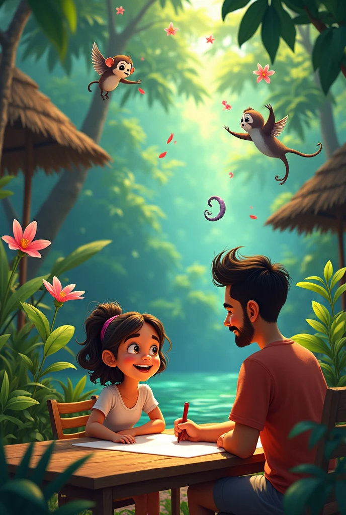 Latina girl imagining beautiful jungles happy animals her young dad is sitting next to her at a table in an Amazonian village drawing pixar style