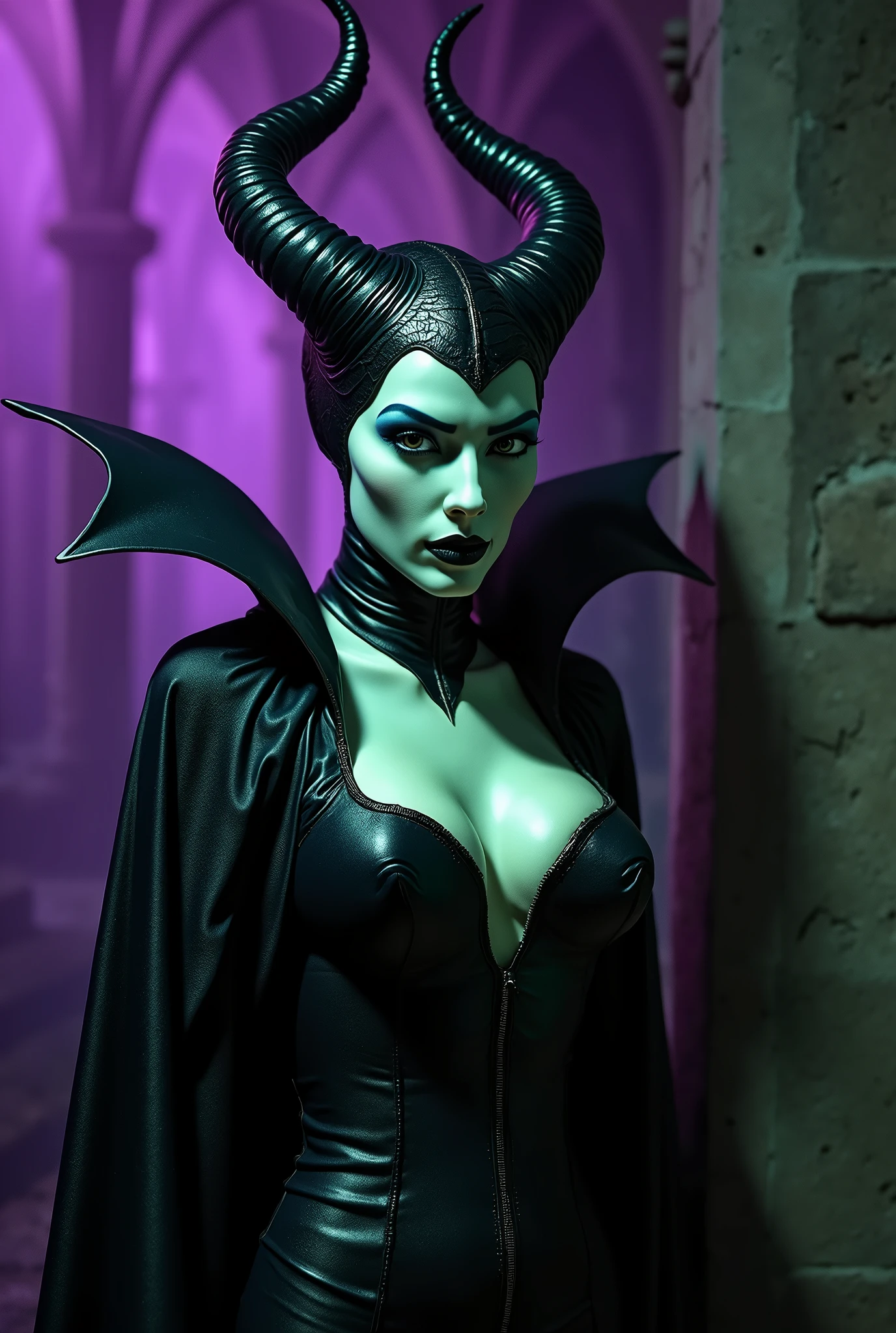 A stunning closeup portrait of Maleficent in the process of transforming into a dragon, she is not quite human, yet not quite a dragon, location is dungeon interior, purple and green light, breasts, powerful, pale eyes