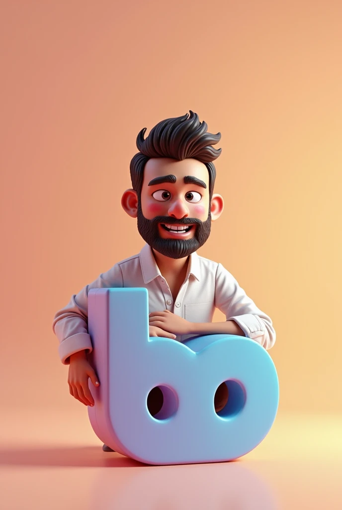 A cute with a handsome beard and stubble is sitting on the Bigo application logo., casually on top of the logo, the character must wear a white shirt named wawan fhgh, and the background uses his own bigo application profile named wawan fhgh, and the profile picture must be 3D