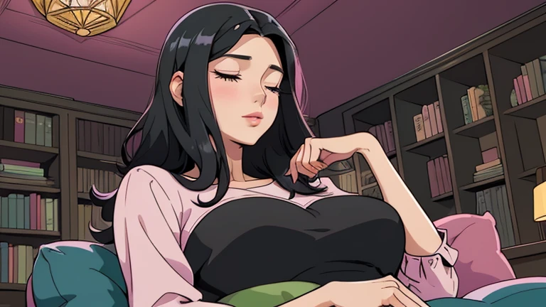 Beautiful woman in her 30s with black hair is sitting on the sofa. Looking down, eyes closed, LOFI girl, alone in the room, blouse, cozy wallpaper, big cushion, bookshelf, relaxing mood, night core, cozy, wide glass window with skyscrapers, outside view at night, only five fingers, pink wall, Well-proportioned face