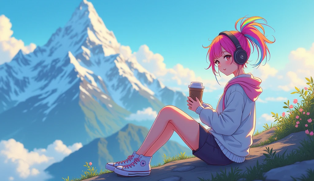 An e-girl with tied-up colorful hair and rainbow-like eyes, listening to calm music on headphones, with a sexy smile, holding a cup of coffee, wearing allstar, at the top of a mountain. An image that inspires calm, tranquility, lightness, simplicity, and comfort, 16:9, full hd, cartoon