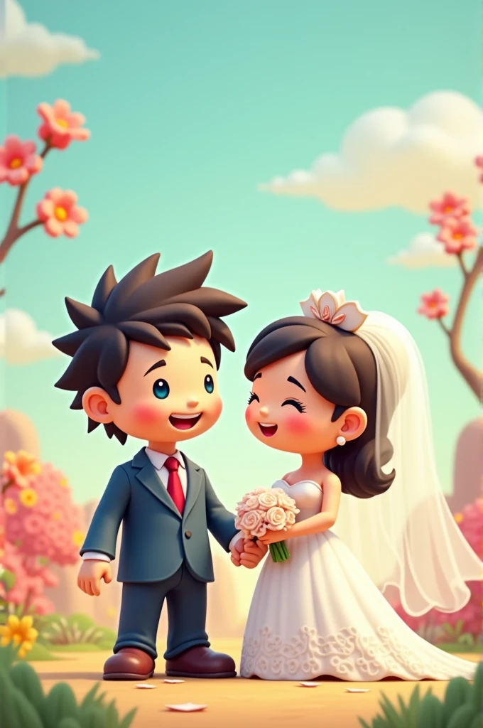 Wedding couple in Nintendo Mii character style, The boy with hair like Kyo Kusanagi's