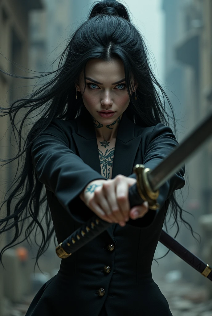 woman with long black hair, blue colored eyes, white skin color, intimidating, powerful, tattooed, with a black formal outfit. She has a katana in attack mode in her hand..