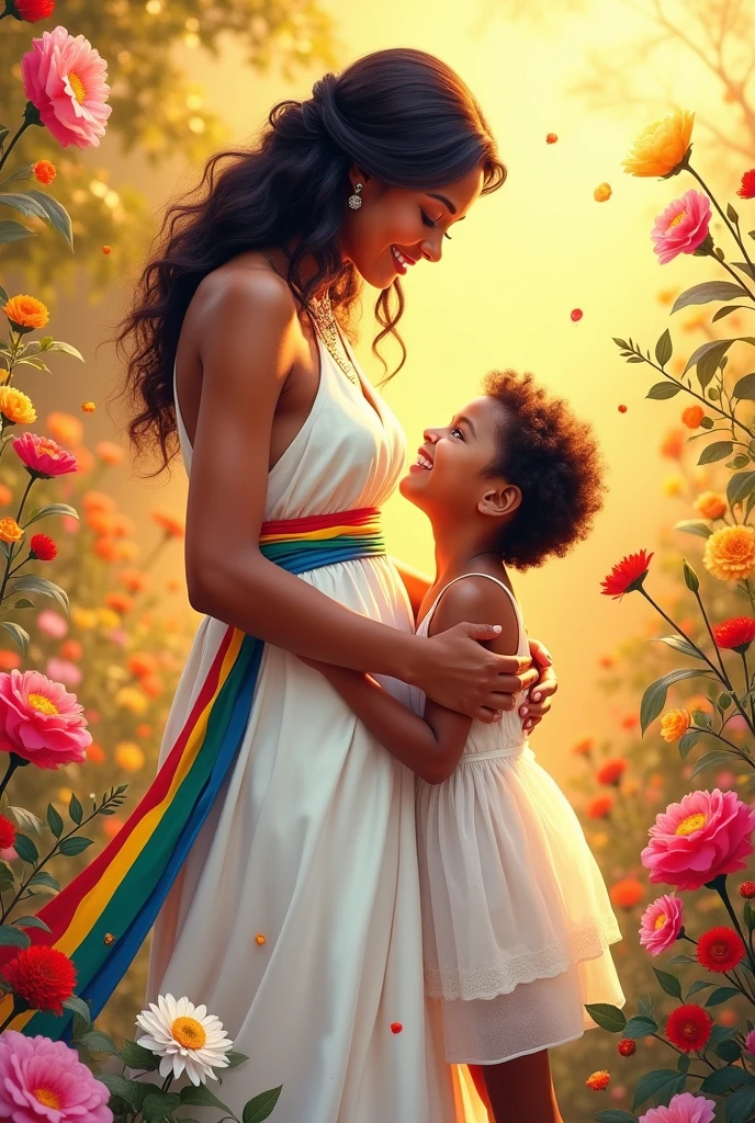 Postcard on an International Mother's Day, beautiful colours, nice picture of a Mother and her kid, flowers in background.she wearing a beautiful white dress with a strip of Ethiopian flag