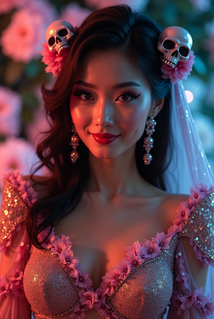 sexy Thai model who controls poison、beautiful smile、lip-gloss、bold lipstick、long lasheetallic makeup、look at the camera、full body Esbian、、sparkling poisoned flower costume、、、、sparkling Colorful hair、secrete poison、skull hair accessories、sexy tights、shiny sparkling flowers background realistic girl 