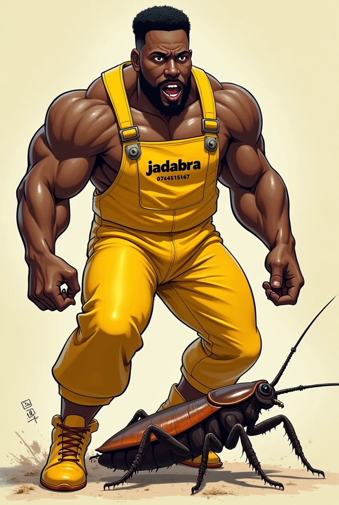 Create 5 powerful illustrations of a muscular African man pest controller in yello overall, with gumboots, crushing a cockroach. On the overall is the word "JADABRA" and "0745151617"