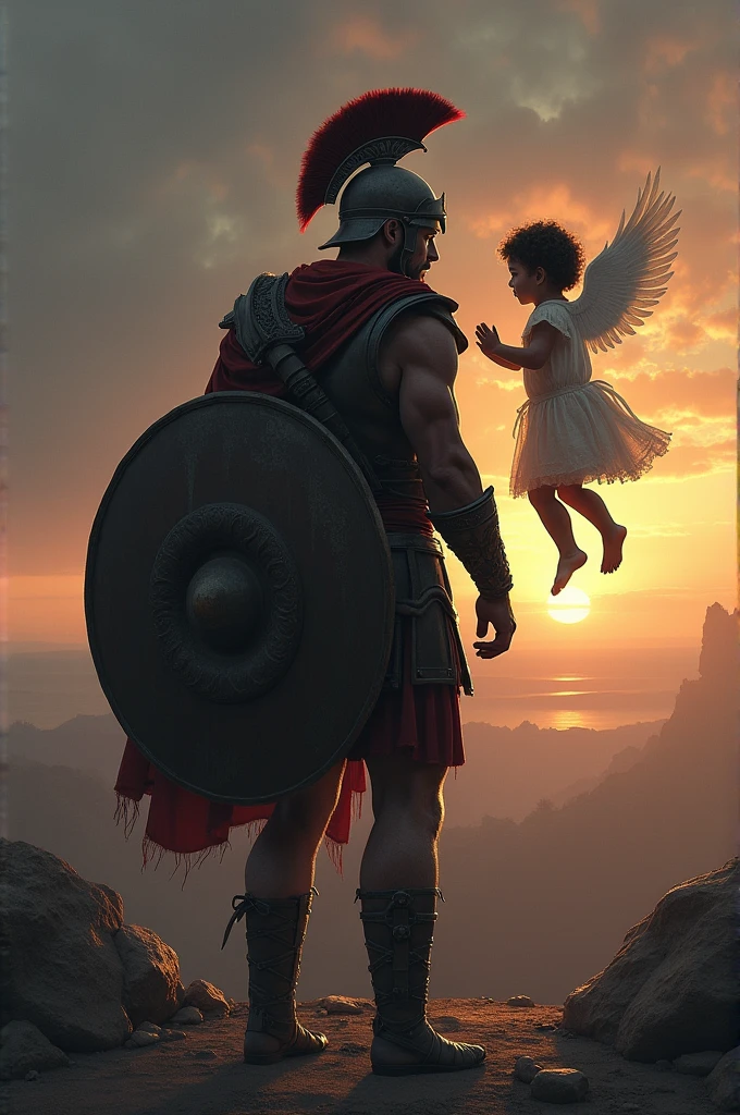 Create a drawing in honor of my father and daughter who died. I need a drawing where it&#39;s a Spartan warrior facing away. with a shield in his hand and the other hand holding a flying child angel