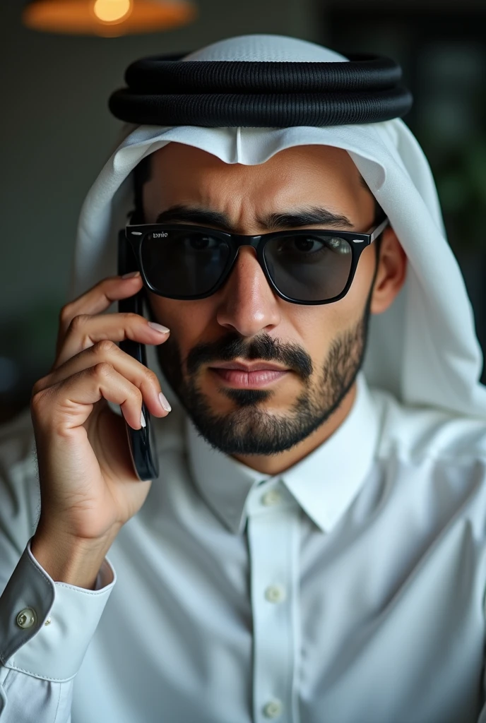Photo 1 : jeune homme d’affaires de la trentaine,noirs,big of you, habille en khimri , qui est entrain de parlé au téléphone et il porte des lunettes très noir fumer Qui regarde la gauche
