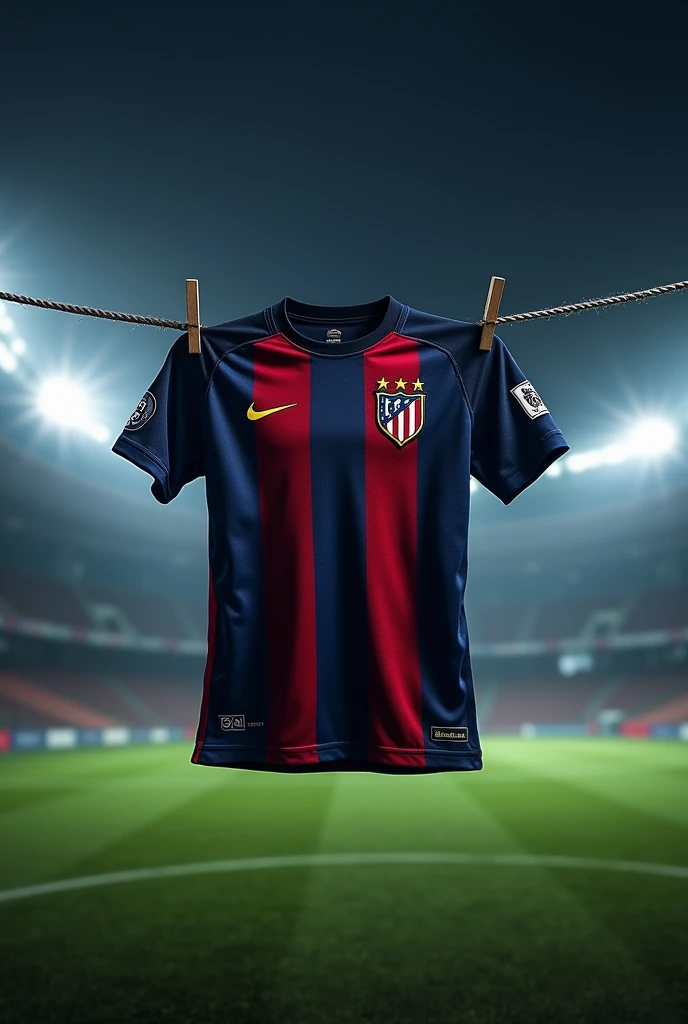 An imposing Atletico Mineiro shirt hanging on a clothesline on a soccer field at night