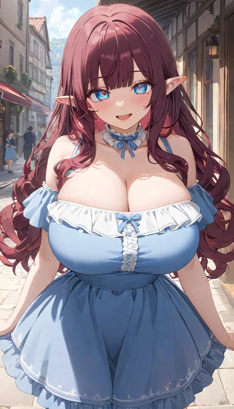 (masterpiece), best quality, highly detailed, absurdres, source_anime, anime_screencap, 1girl, huge breasts, (maroon hair:1.2), long hair, (wavy hair:1.1), light detailed eyes, blue eyes, full bangs, (blue flared dress:1.2), short skirt, frills, frilled choket, (standing:1.1), smile, open mouth, pointy ears, (make-up, eyeshadow:1.1), outside,