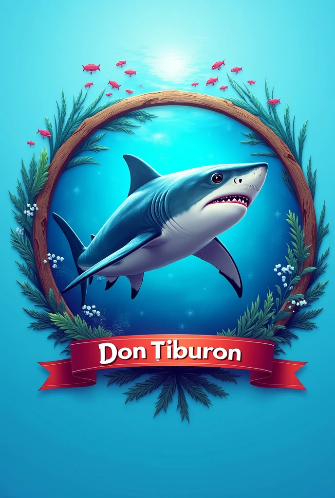 Image of a shark with sea for a family restaurant in a circle with a ribbon with a name called Don.Tiburon