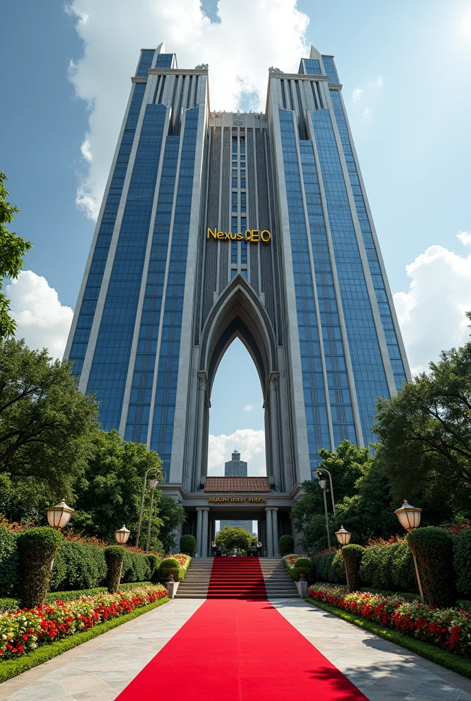 A luxurious, presidential standard company headquarters with the name NEXUS(CEO) on it and red carpet on entrance with Singaporean architecture,grass, flowers and on it's own space and compound where is the name NEXUS (CEO) can't see the words 
